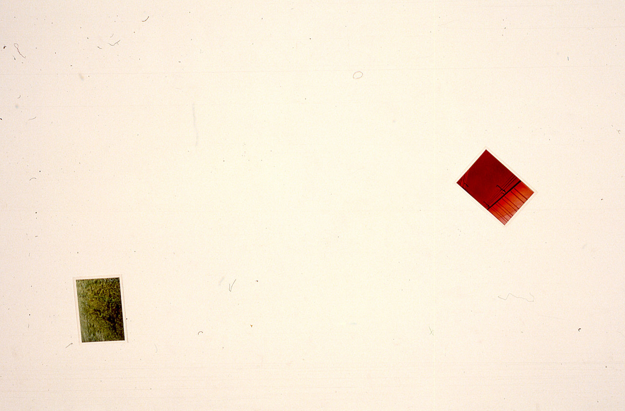 Two photographs are mounted on a white gallery wall.