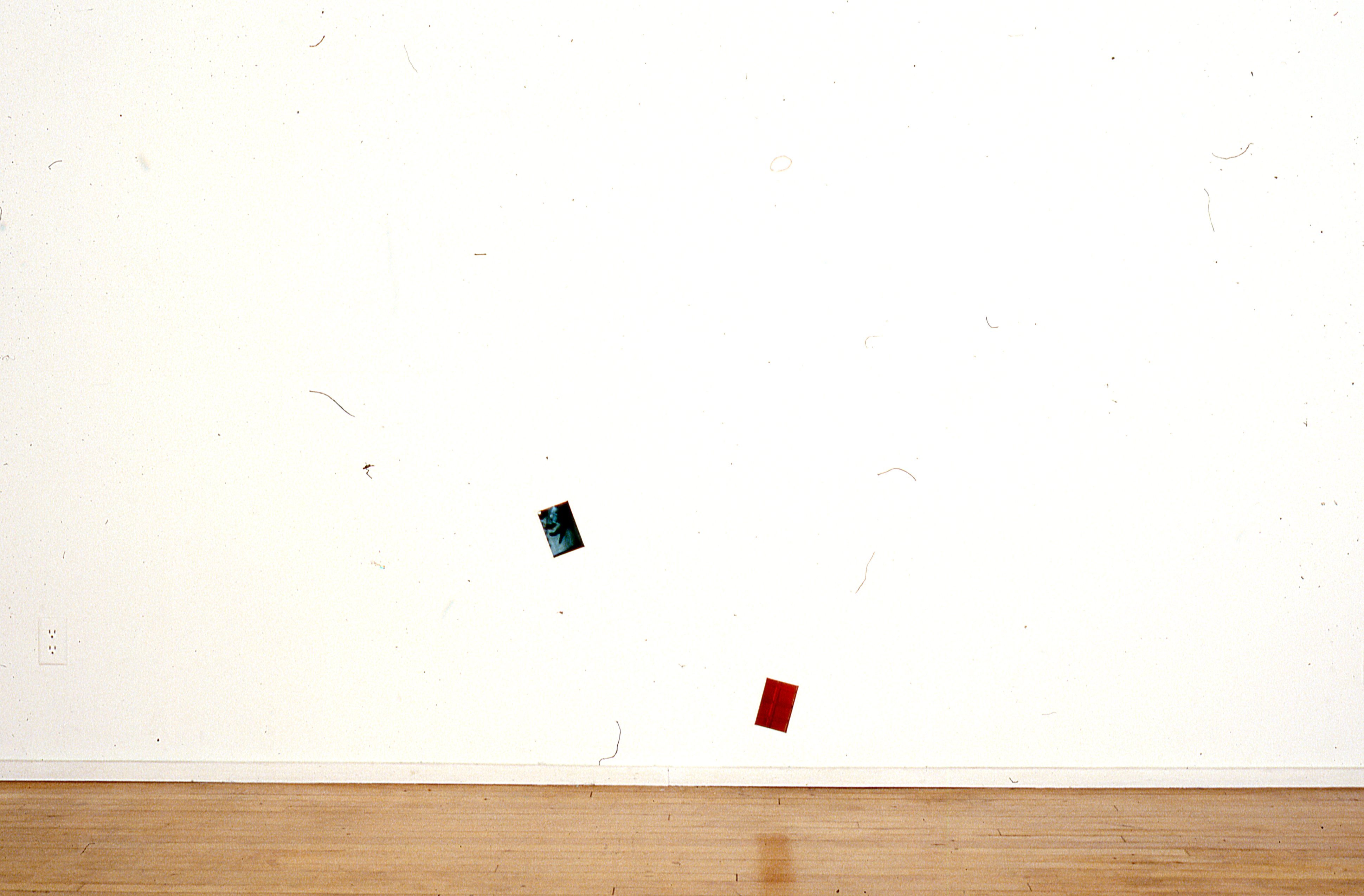 Two photographs are mounted on a white gallery wall.