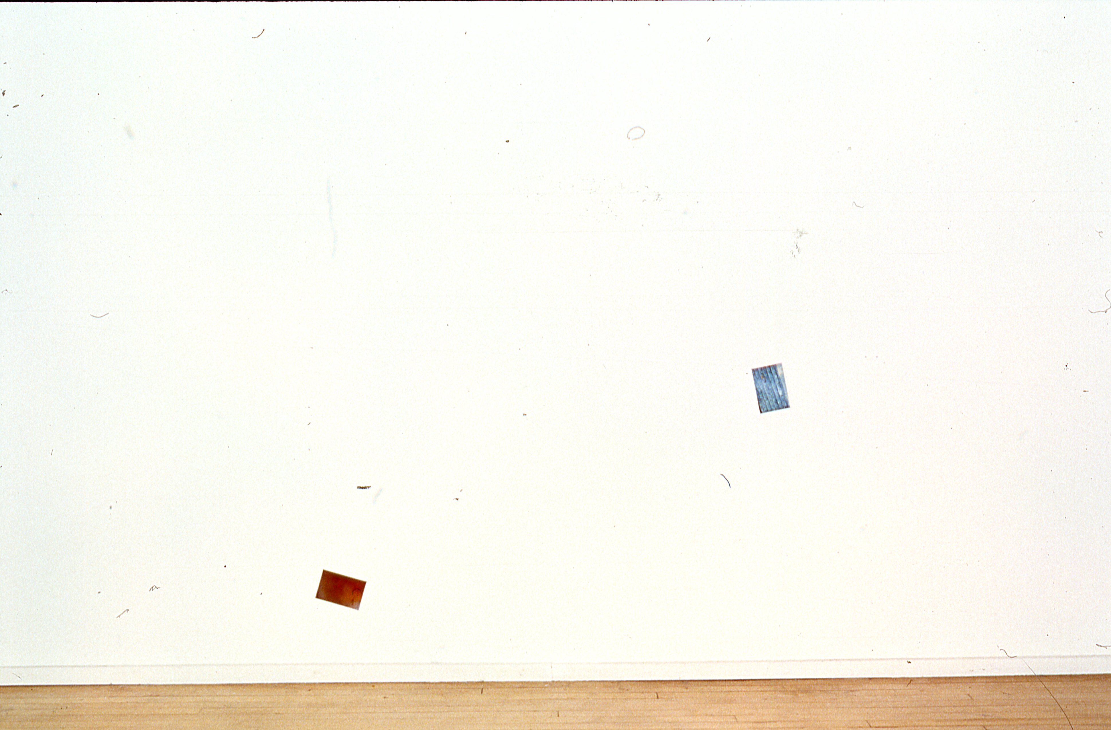 Two photographs are mounted on a white gallery wall.