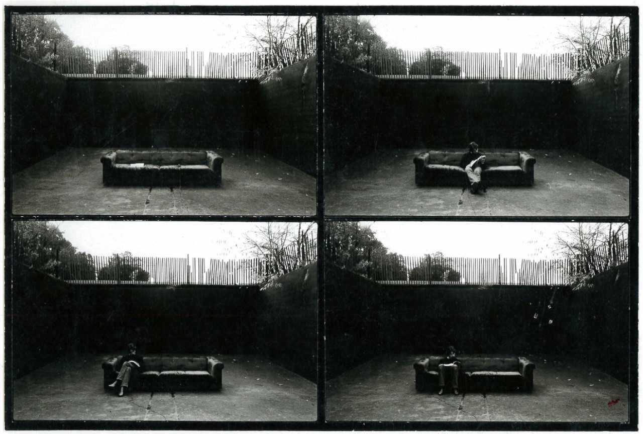 A four-paneled view of a figure on a couch, or in one case without a figure, in an empty inground dwelling place.