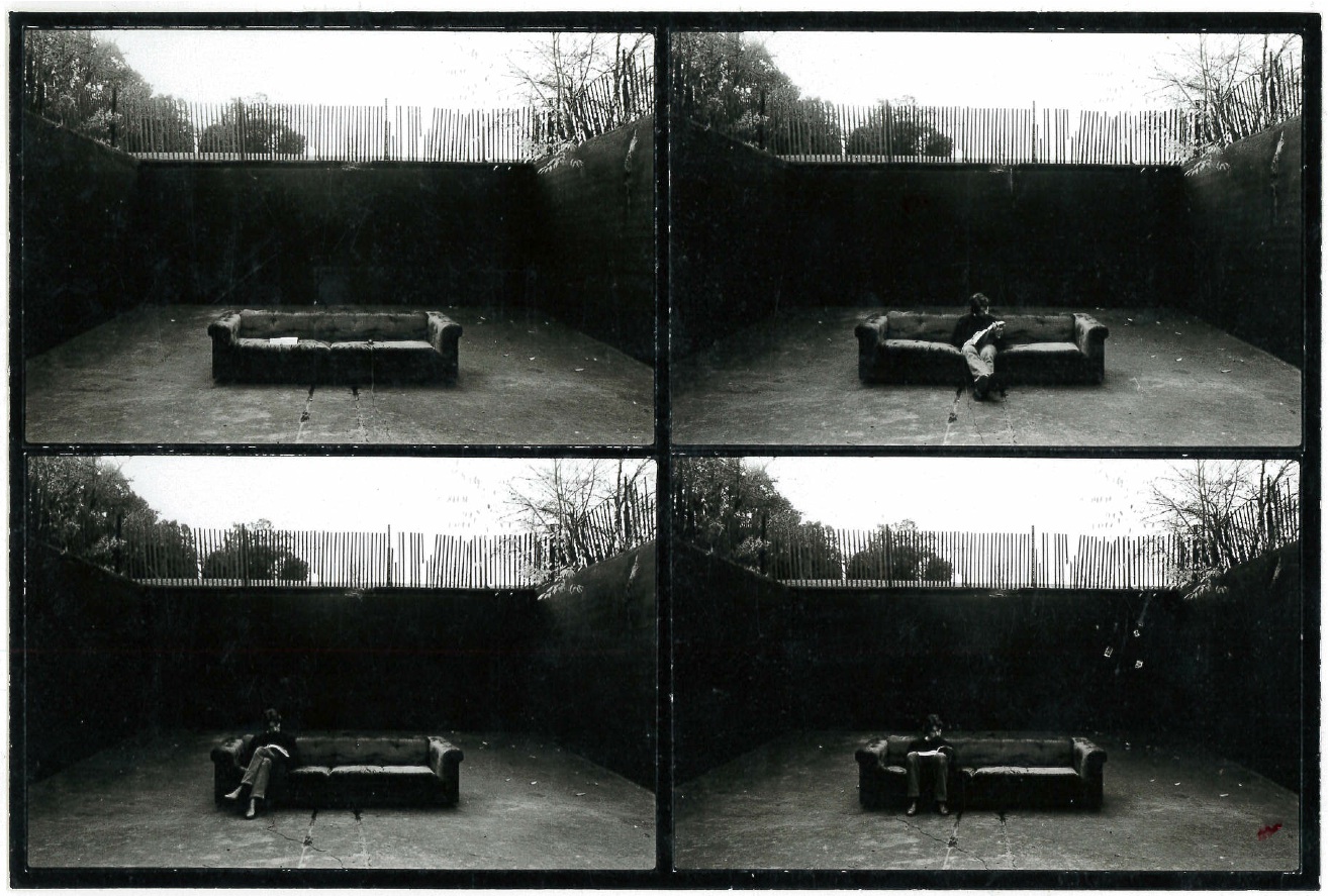 A four-paneled view of a figure on a couch, or in one case without a figure, in an empty inground dwelling place.