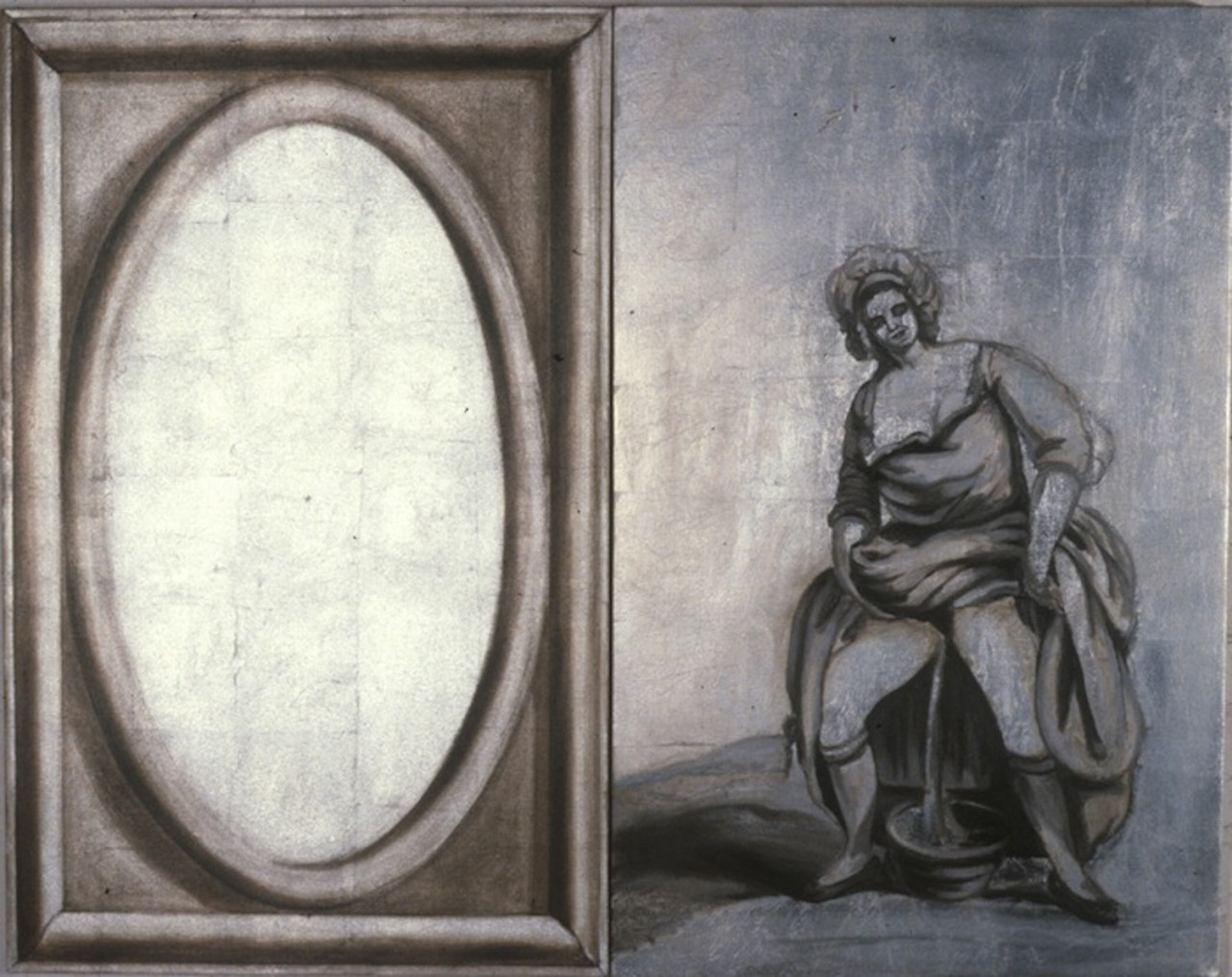 Two monochrome grey panels of equal sizes.  The left is an image of an oval frame with a blank white center.  The right shows a woman in period dress, pulling up her skirt, urinating into chamber pot.