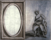 Two monochrome grey panels of equal sizes.  The left is an image of an oval frame with a blank white center.  The right shows a woman in period dress, pulling up her skirt, urinating into chamber pot.