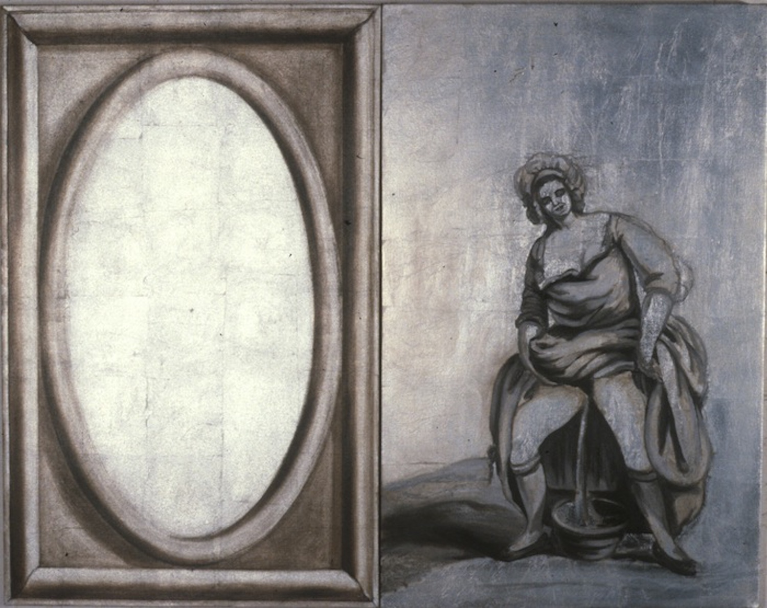 Two monochrome grey panels of equal sizes.  The left is an image of an oval frame with a blank white center.  The right shows a woman in period dress, pulling up her skirt, urinating into chamber pot.