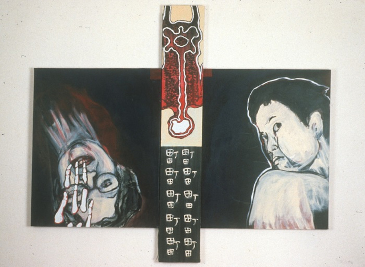 Two faces on a black background, with a black and red patterned rectangle dividing them.  The left face is upside-down, and a skeltal hand overlaps the face.  The right is upright, and is looking back over their shoulder.