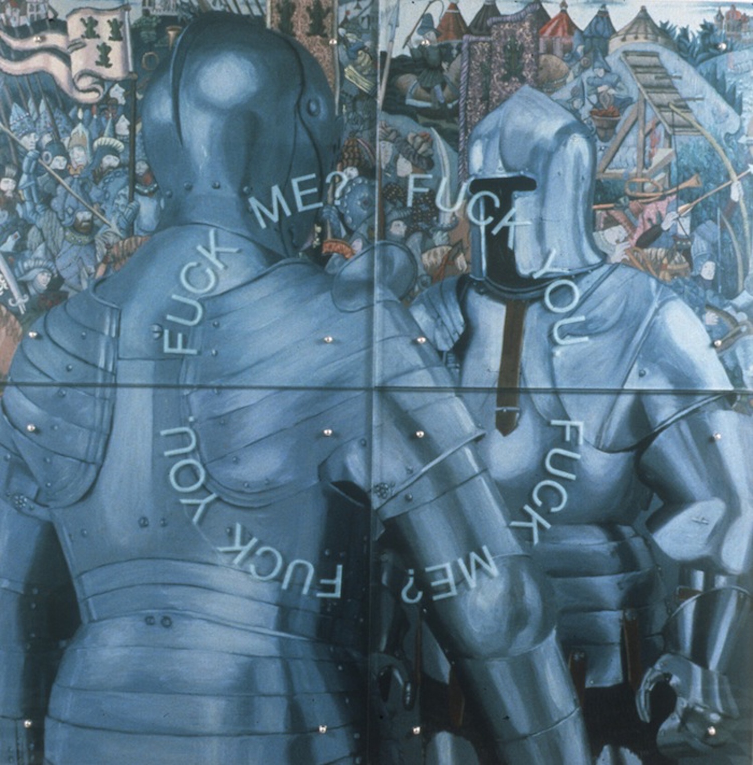 Two suits of armor face one another, with a medieval-style battle scene in the background.  The words 