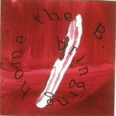 A slice of bacon on a red background, with the words 