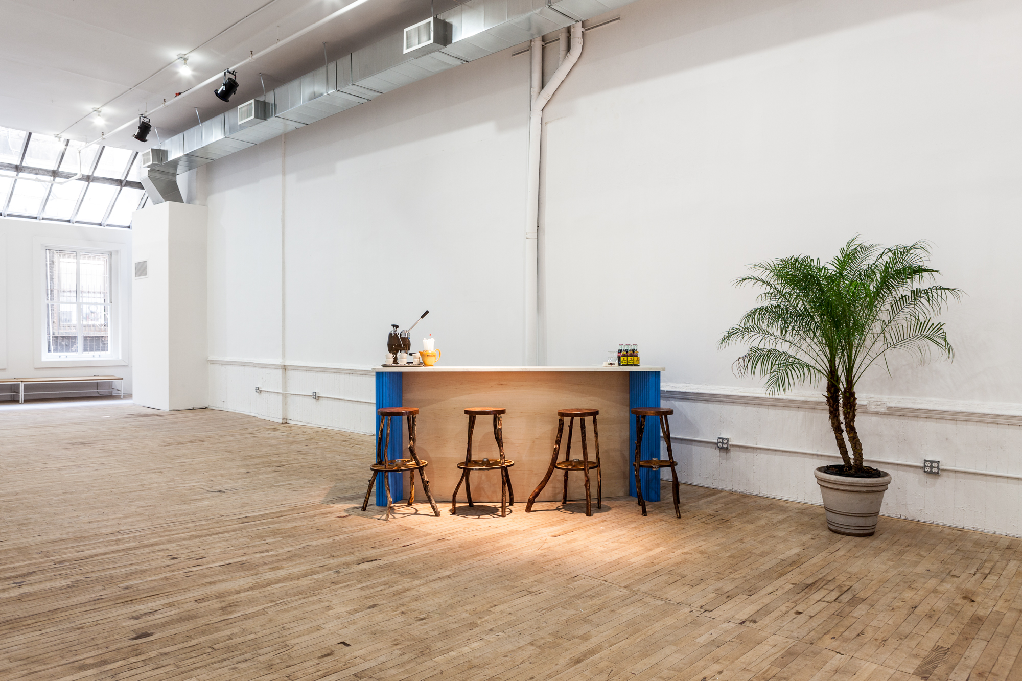 A wooden bar with four chairs and a palm tree in a pot is displayed against a white wall.