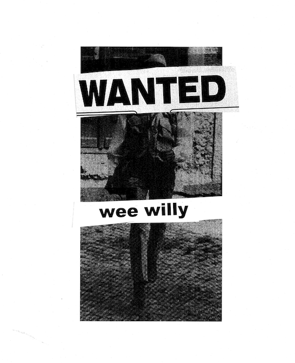 A black-and-white image of a man, a white bar with text, that reads 