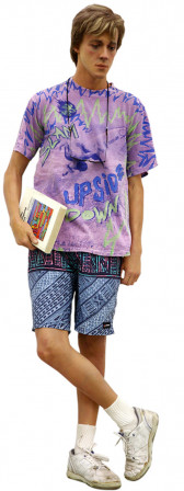 A sculpture of a man holding a book, right leg crossed over left, standing, against a white background. He is wearing a purple shirt, patterned blue shorts, and white sneakers.