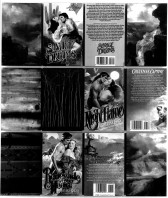 Black and white image of several popular romance novel covers arranged in a grid formation. Dispersed amongst the covers are photos of desert canyons and other abstract, inky images.