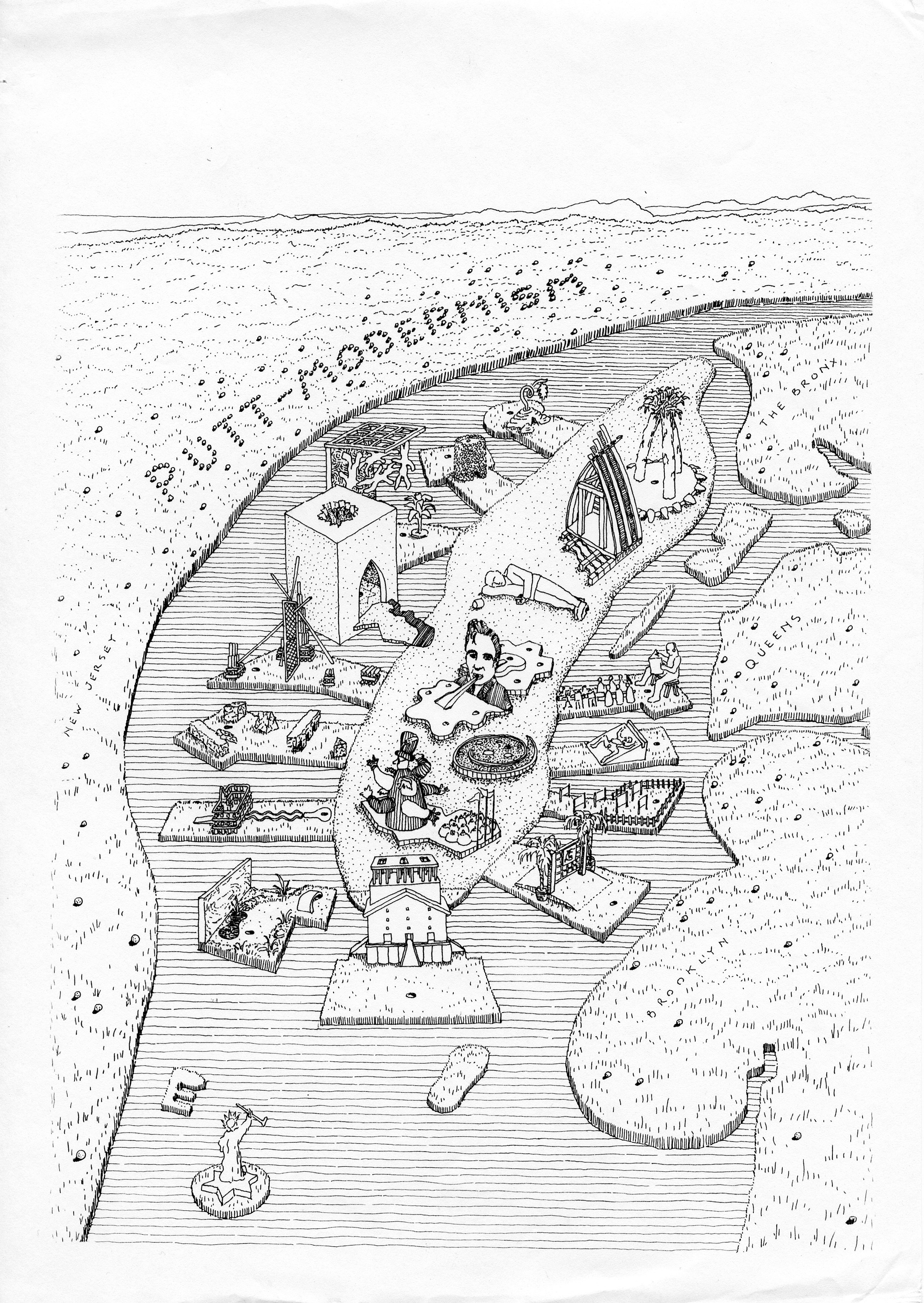 Black and white pen drawing featuring a cartoonish rendering of Manhattan and the surrounding boroughs that resembles a grassy mini-golf course. Golf holes are scattered across Manhattan amidst larger-than-life cut-out figures, convoluted structures, palm trees, and other quirky obstacles. Stray golf balls are scattered across the surrounding boroughs. A cluster of golf balls in New Jersey are arranged such that they spell out the words, 