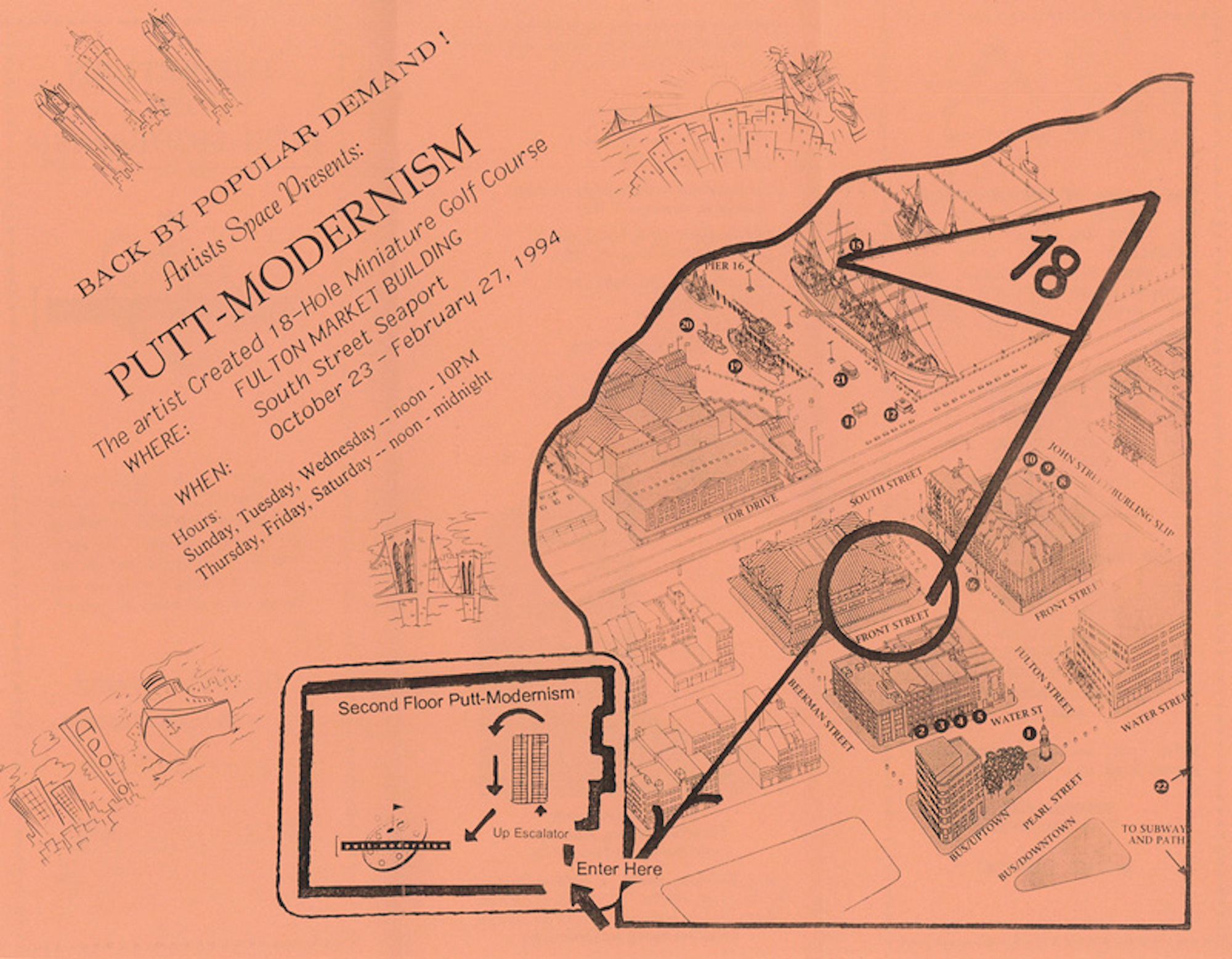 A pink pamphlet with black text announcing 