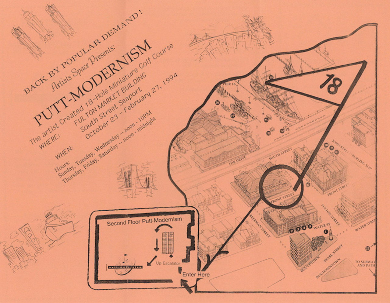 A pink pamphlet with black text announcing 