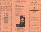 A pink trifolded pamphlet with black text opened fully to display information about 