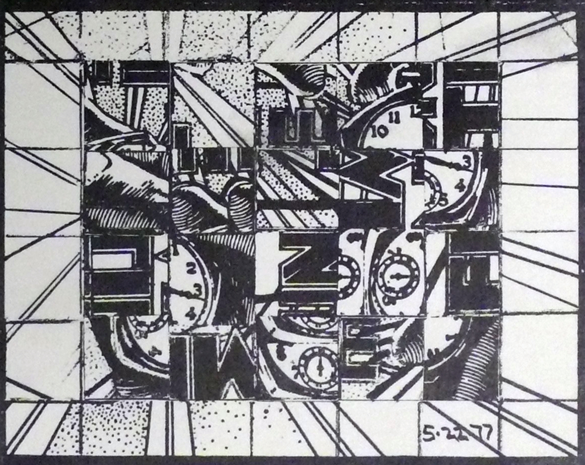 A black and white drawing forms an image puzzle featuring broken-up text and a clock. A handwritten date appears in the bottom right corner: "5.22.77."