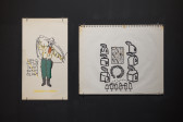 Two drawings are exhibited on a black wall. On the left, a colorful drawing of a cowboy is accompanied by a grid of numbers and titled <em>Random Cowboy</em>. On the right, abstracted numbered houses are drawn in thick black marker and surround a grid of faces.