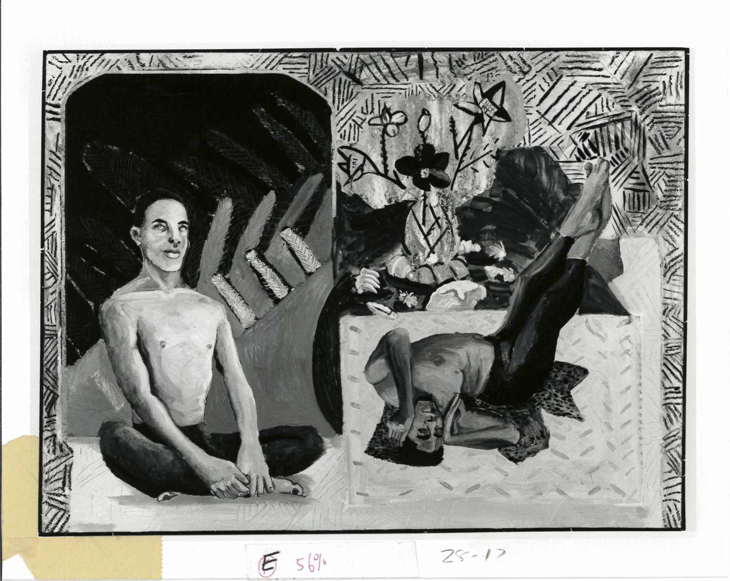 A diptych drawing of one figure sitting cross-legged on the left and another figure lying down next to flowers in a vase depicted on the right.