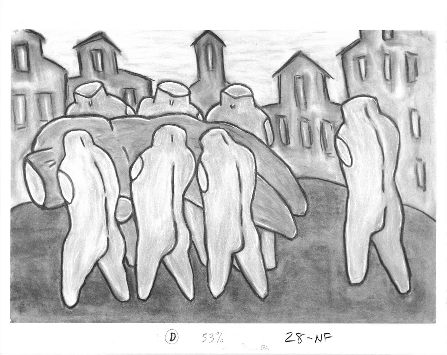 A drawing with seven figures without appendages where six of them are carry a large figure and one follow behind. The outline of an urban landscape is visible behind them.