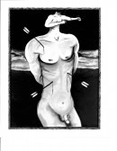 A nude figure with a nude figure emerging from its neck is pierced with three arrows while its arms are hidden behind its back. Blood-like lines appear dripping from the arrows. A sky is visible behind the figure.