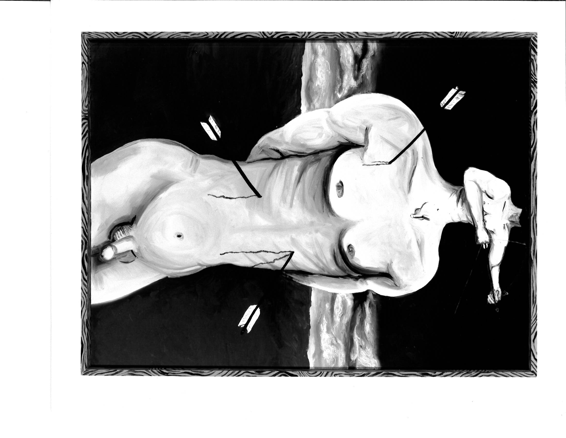 A nude figure with a nude figure emerging from its neck is pierced with three arrows while its arms are hidden behind its back. Blood-like lines appear dripping from the arrows. A sky is visible behind the figure.