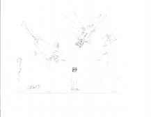 A drawing of various nude human figures appearing in space with a white background.