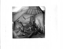 A drawing of various animals running or flying around in an indoor dwelling with three figures in states of disarray around them.