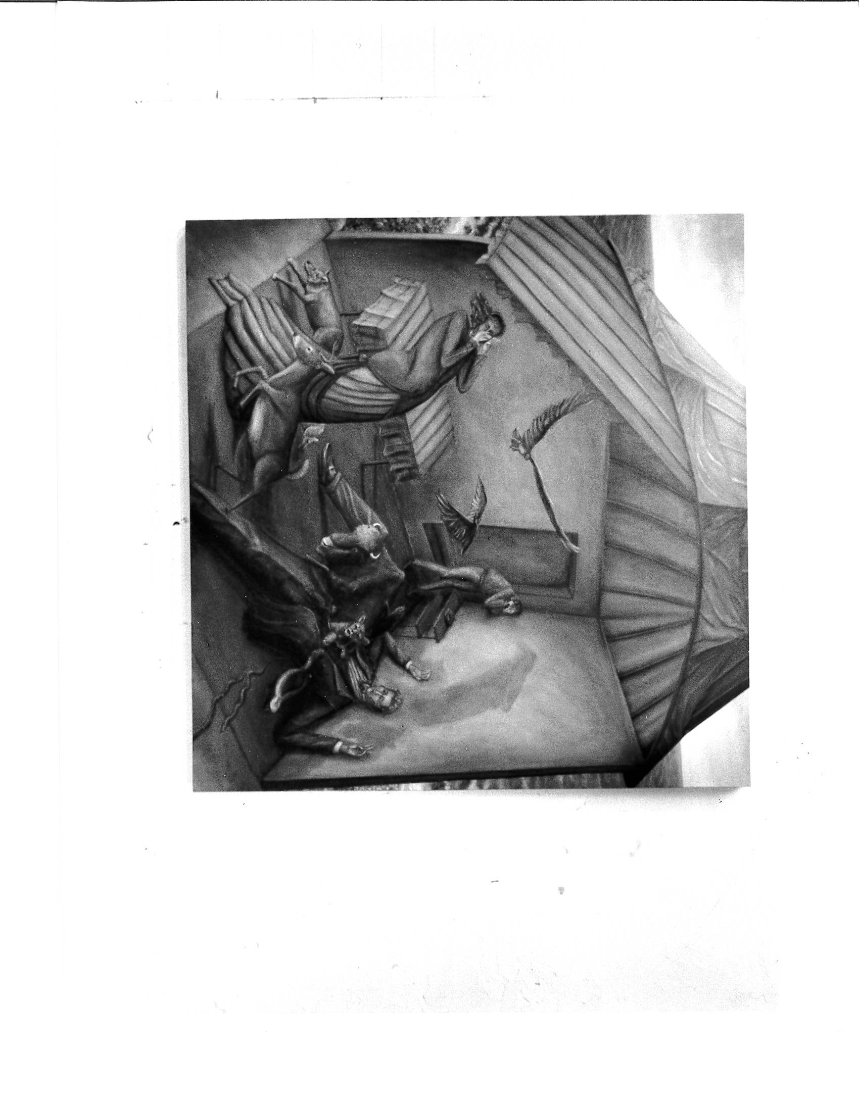 A drawing of various animals running or flying around in an indoor dwelling with three figures in states of disarray around them.