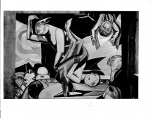 Two figures appear entangled on a pedestal in front of other figures along with another figure in the background hanging upside down.