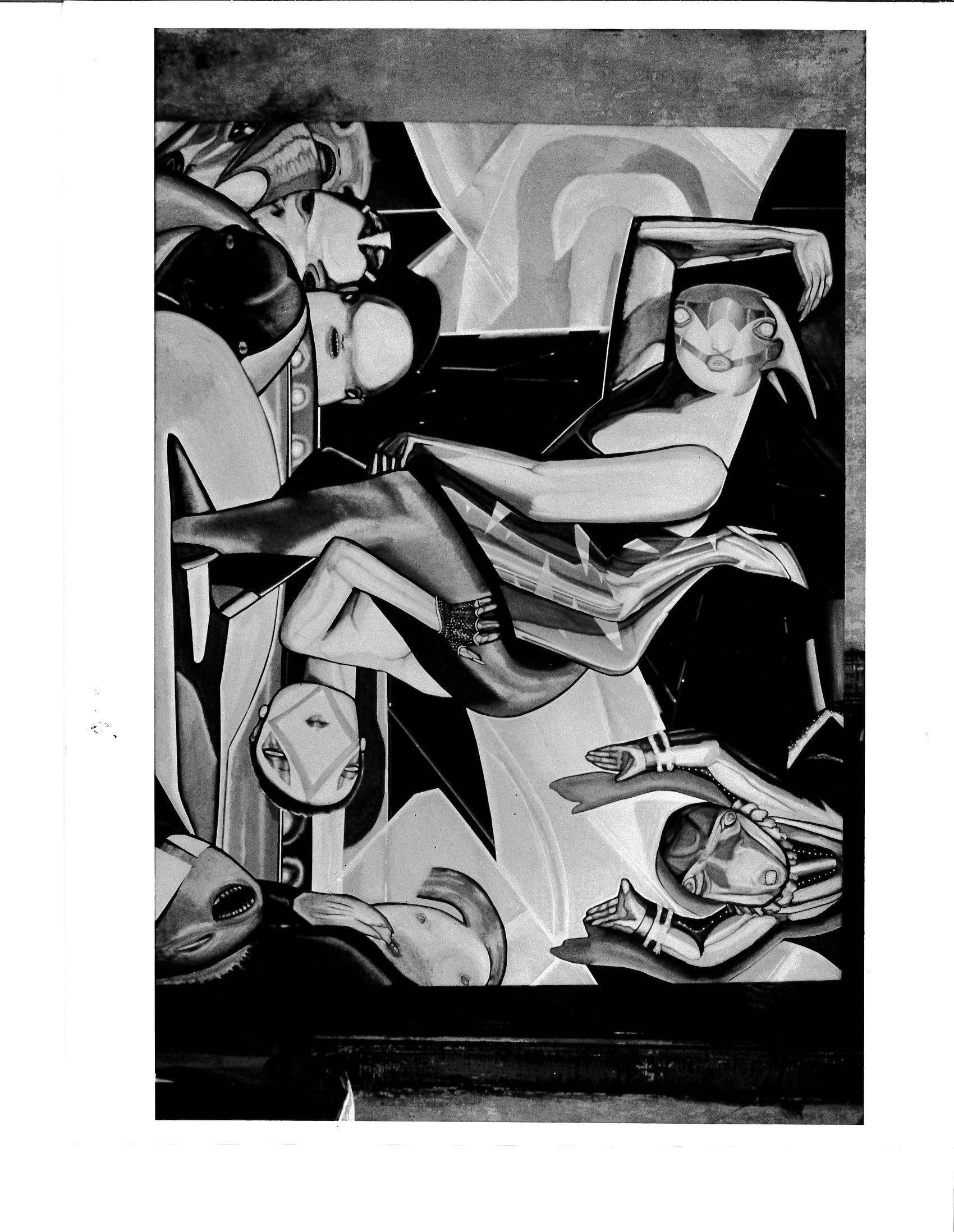 Two figures appear entangled on a pedestal in front of other figures along with another figure in the background hanging upside down.