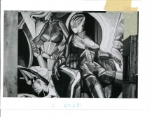 Three figures with misshapen bodies and faces appear in a surreal setting.