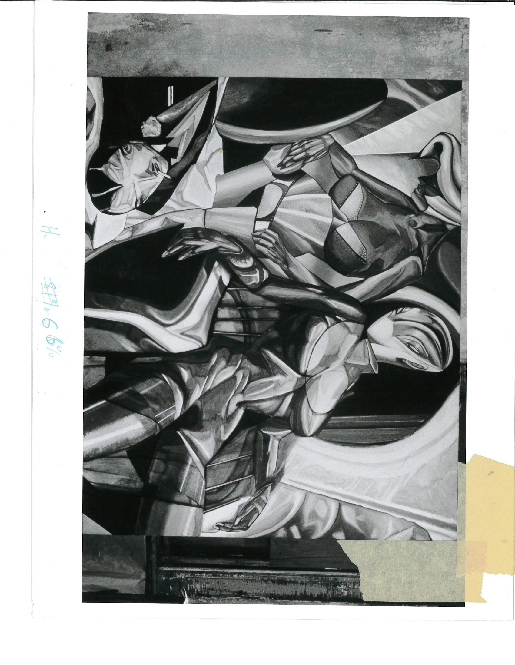 Three figures with misshapen bodies and faces appear in a surreal setting.