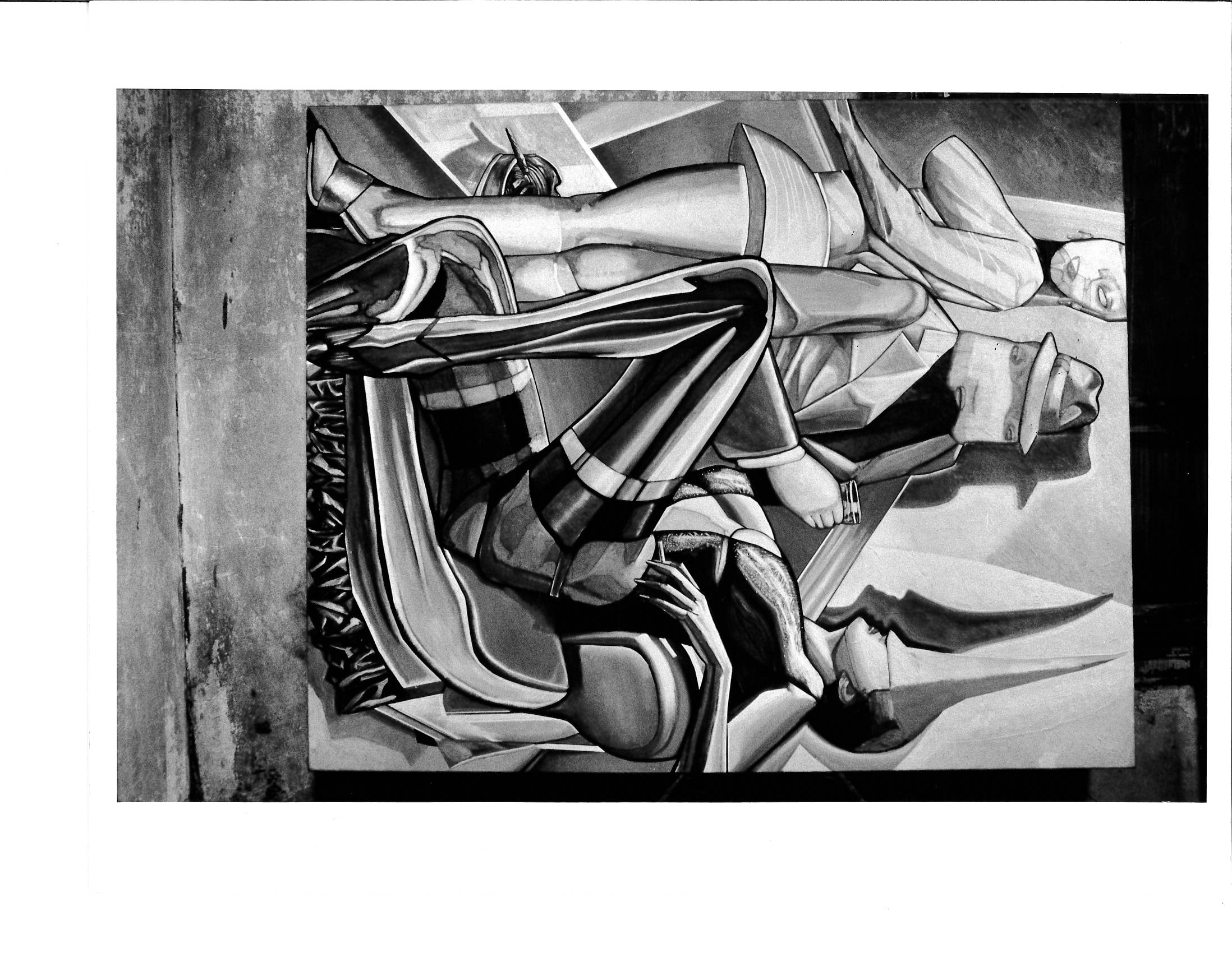 Three figures with misshapen faces appear together in an surreal setting.