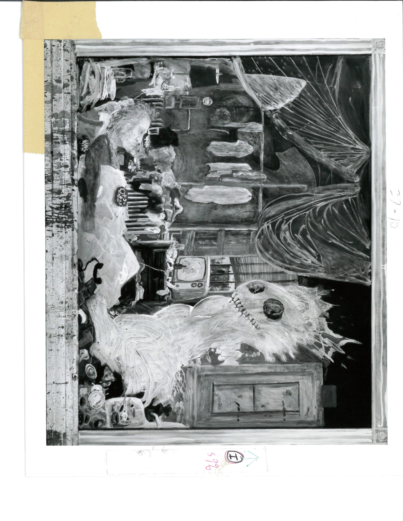 A view of a large amorphous creature with eyes and mouth on the right next to a dwelling space with a figure lying on a bed with clothes and other accoutrements nearby.