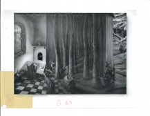 A fanciful drawn landscape of hunters following deer next to a figure in front of their desk next to a window and fireplace.