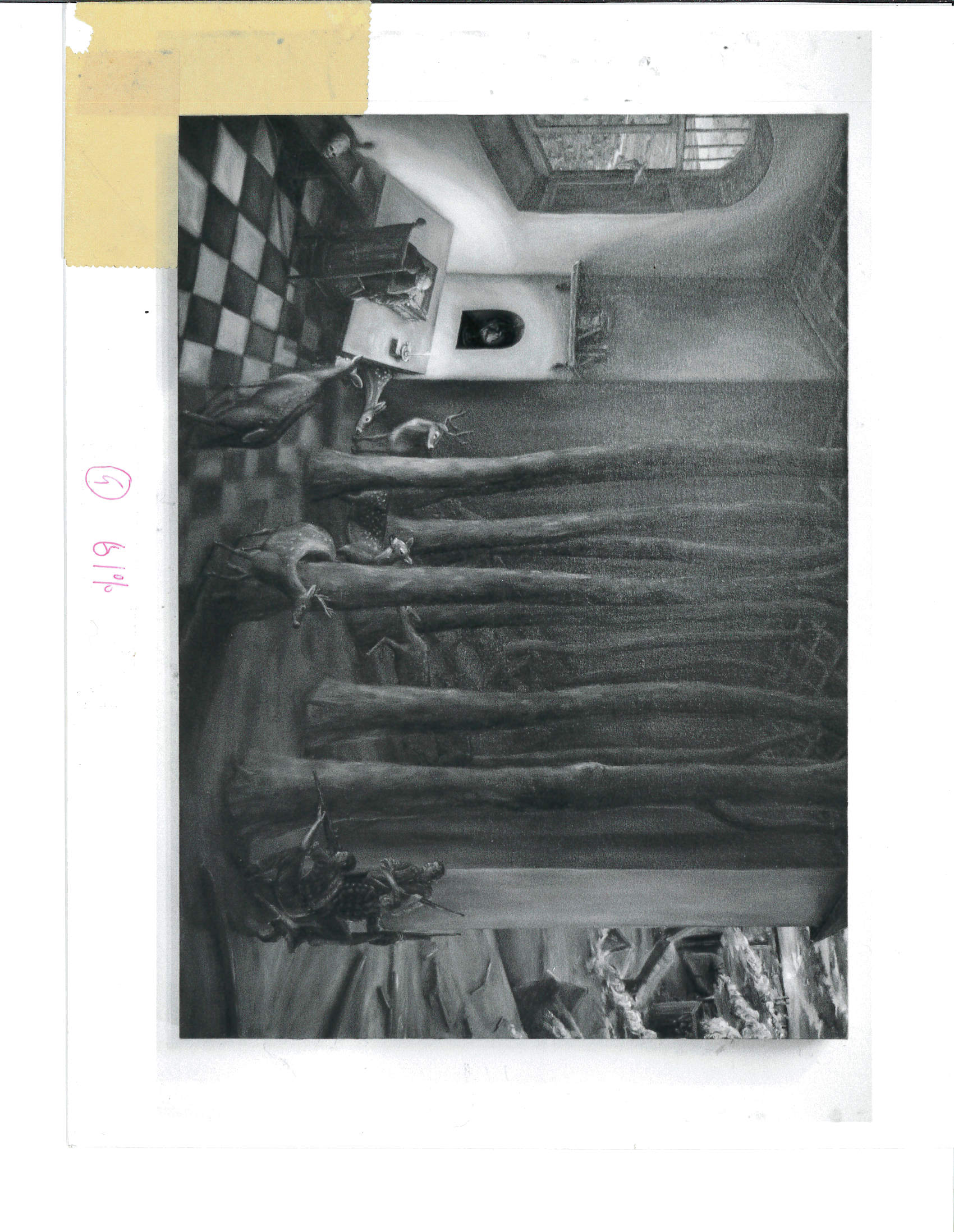 A fanciful drawn landscape of hunters following deer next to a figure in front of their desk next to a window and fireplace.