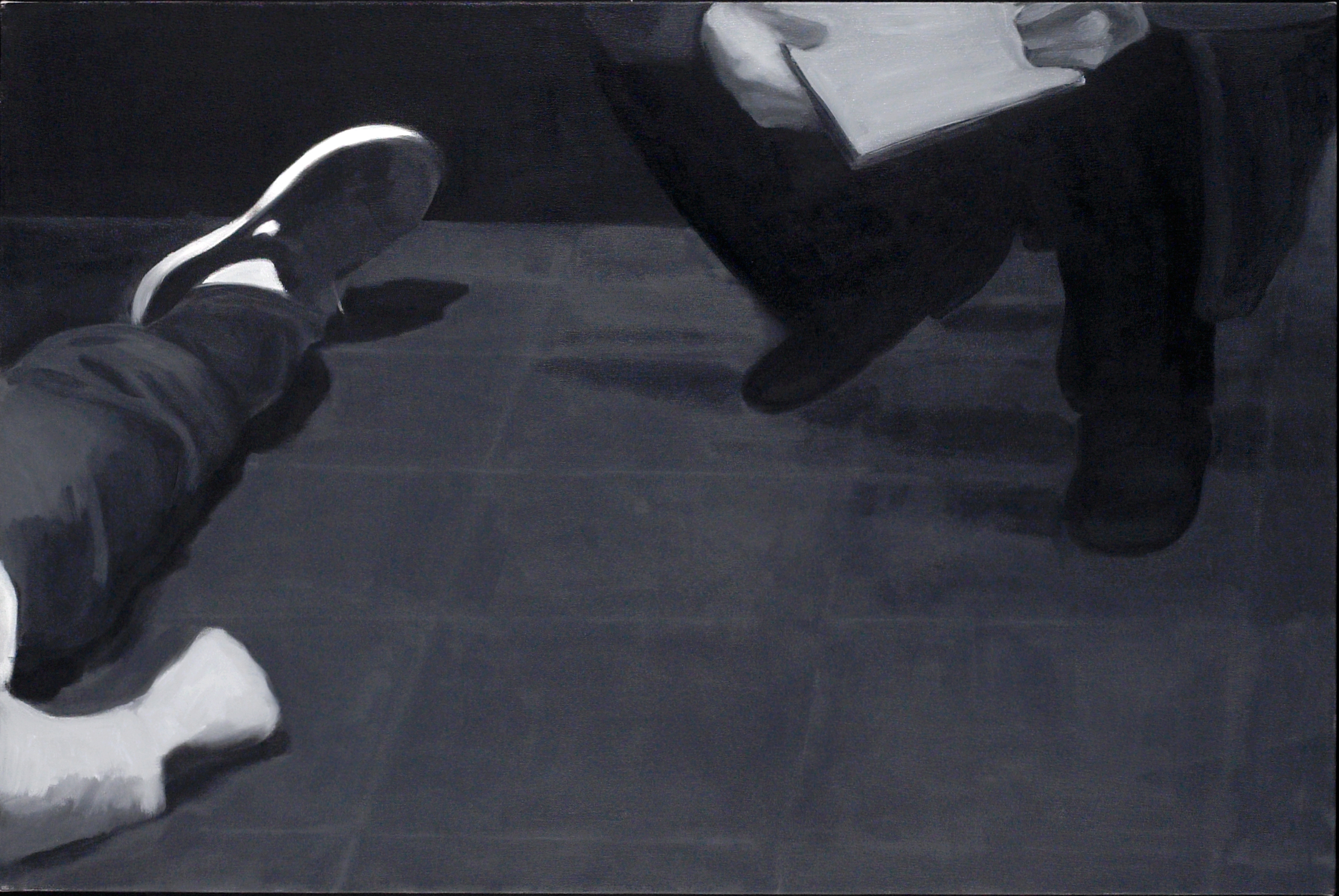 A black and white oil painting of two people on black tile flooring. Only their legs are visible. One person is lying on the ground, the other is squatting and holding a notebook.