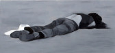 A black and white oil painting depicting a person lying facedown on asphalt.