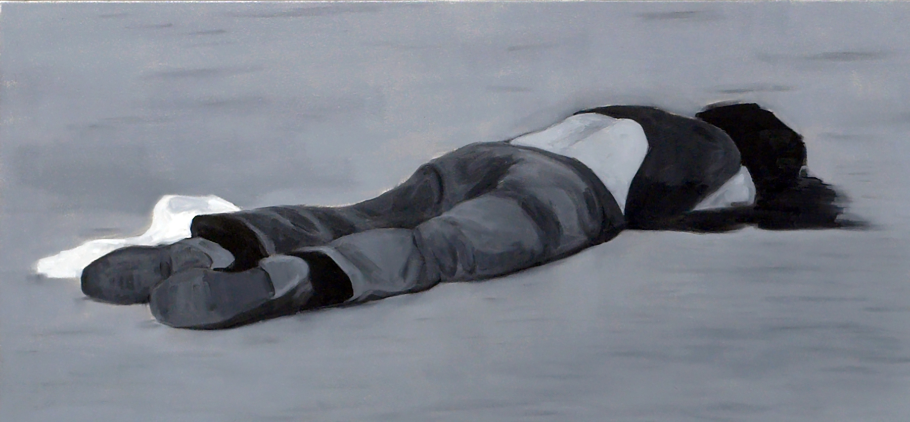 A black and white oil painting depicting a person lying facedown on asphalt.