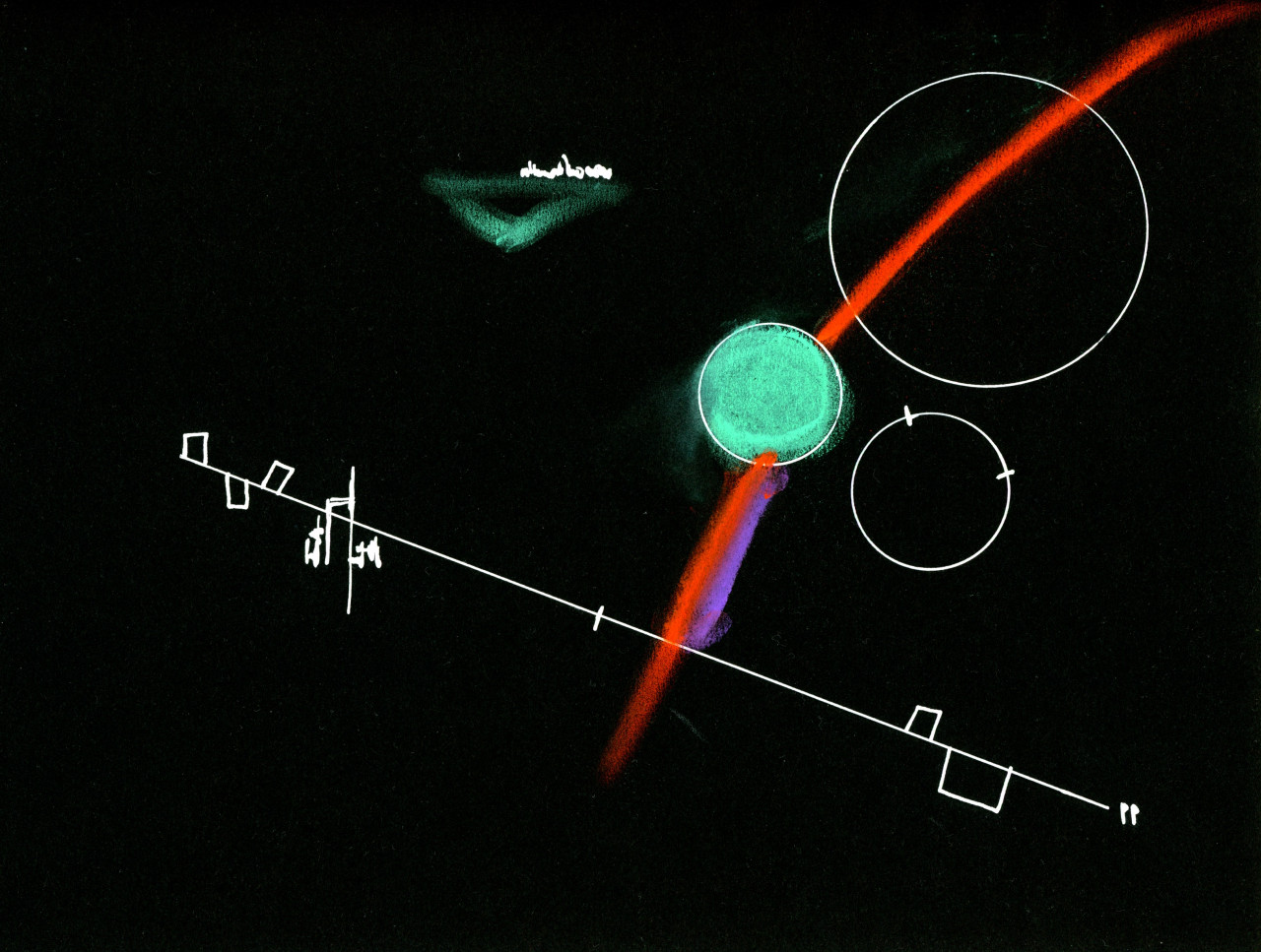 Drawing done on black paper of a white line with shapes and marks on it, along with three circles. One circle is colored in green with a red line extending from the top right and across the page intersecting with the white line. A green triangle sits below a small line of white text on the upper left of the composition.