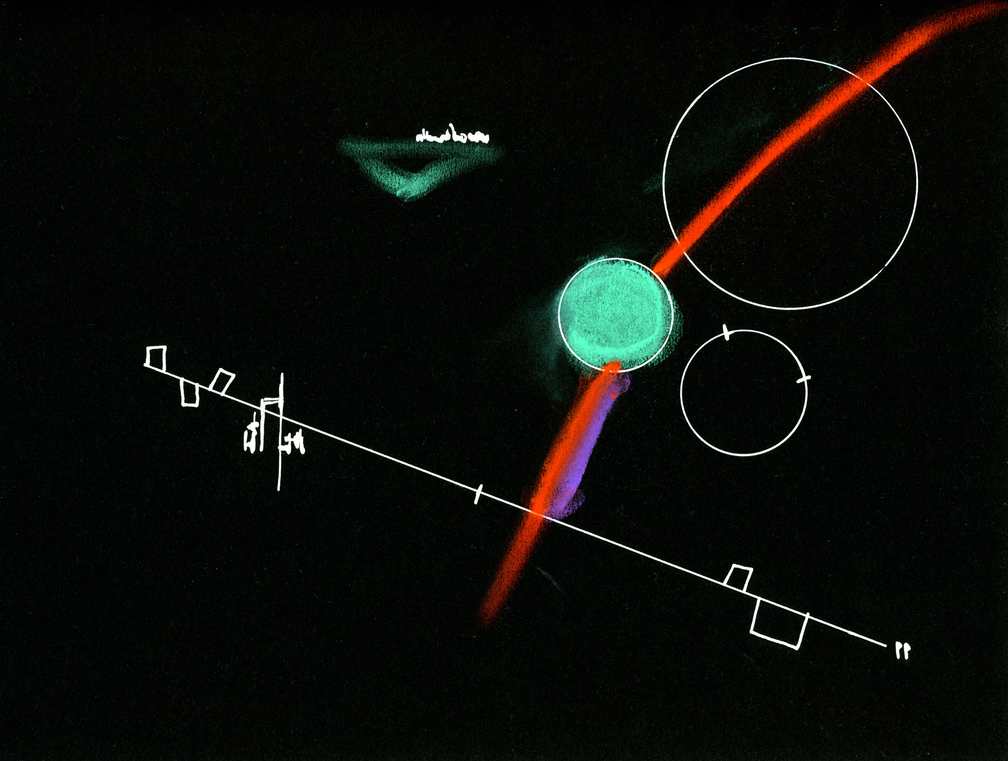 Drawing done on black paper of a white line with shapes and marks on it, along with three circles. One circle is colored in green with a red line extending from the top right and across the page intersecting with the white line. A green triangle sits below a small line of white text on the upper left of the composition.