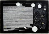 An abstract drawing consisting of horizontal white lines scratched across black paper with circles interspersed throughout the composition. On the right side of the drawing are arrows, and blurred, scribbled lines and illegible text. Yellow marks accentuate different parts of the composition.