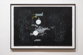 An abstract drawing consisting of two white circles and two grey rectangles, from where lines and shapes emerge. Blurred white lines, and illegible text complement the composition. On both sides, green strokes, and a continuous white line create other abstract figures.