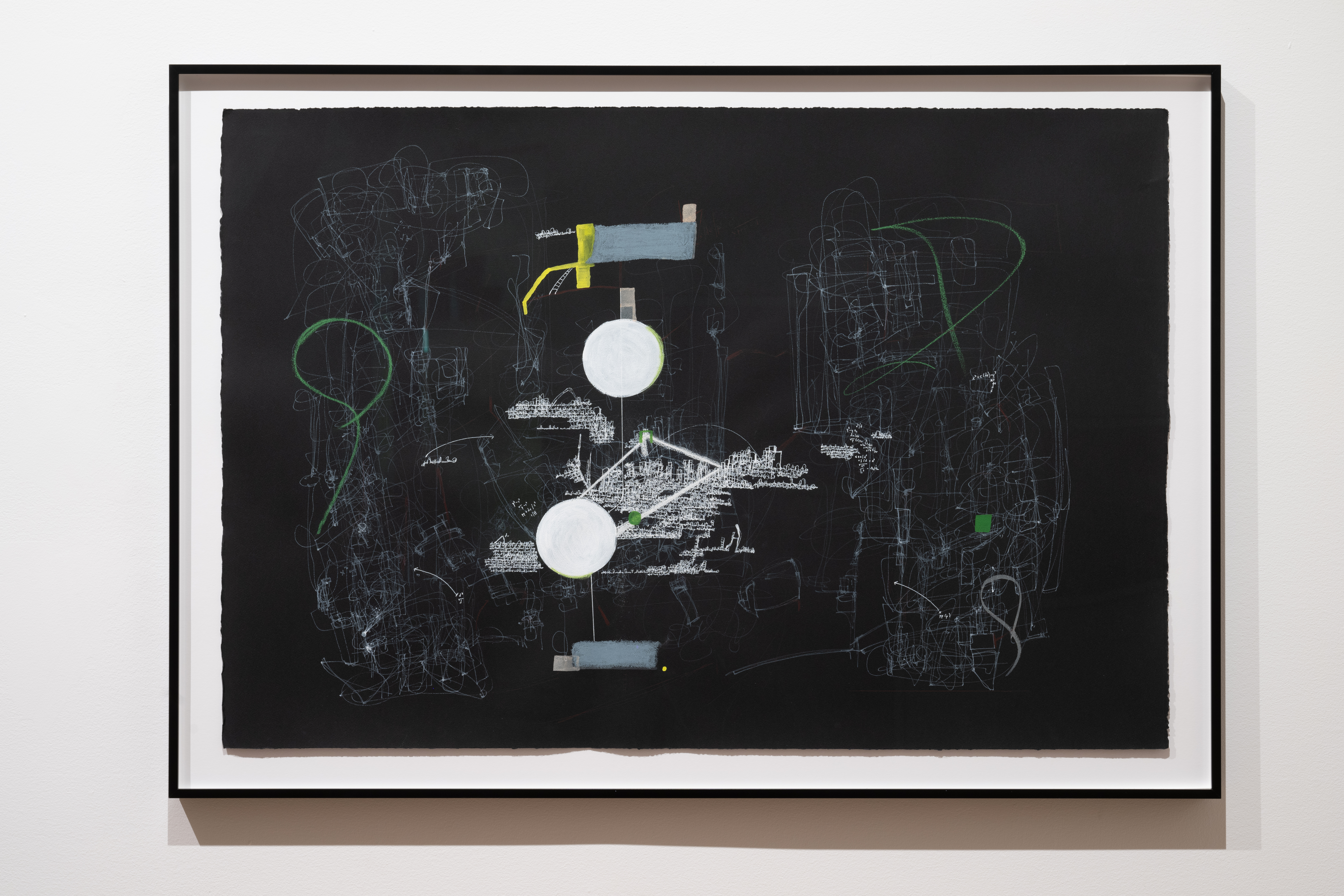 An abstract drawing consisting of two white circles and two grey rectangles, from where lines and shapes emerge. Blurred white lines, and illegible text complement the composition. On both sides, green strokes, and a continuous white line create other abstract figures.