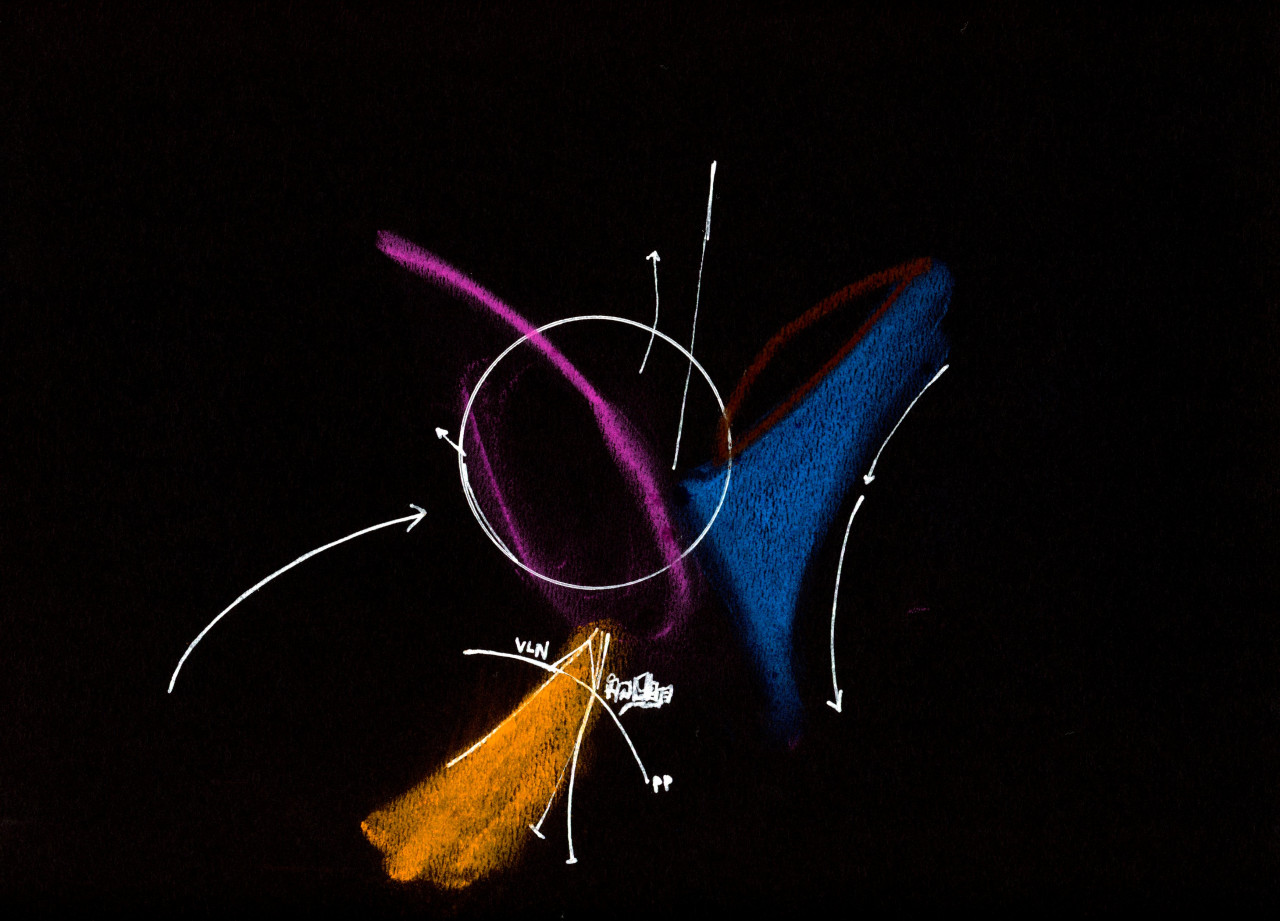A drawing of a diagram on black paper with a white circle in the center and arrows and angles pointing around the circle is accentuated by blocks and lines of orange, blue, pink and red that intersect with or fill in areas around the white lines.