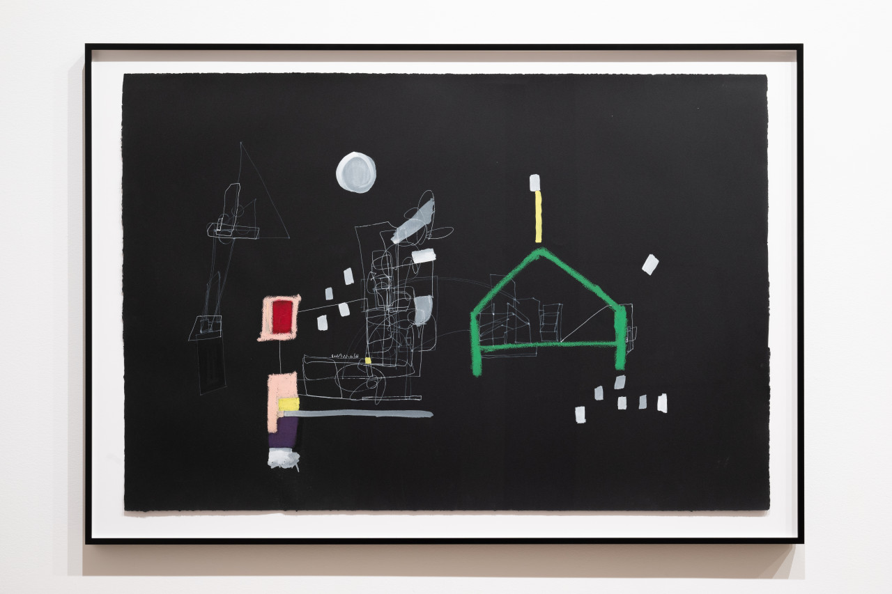 A color image of a drawing consisting of green, purple, yellow, and red lines and shapes that form an abstract composition. Single line white drawings complement the composition.