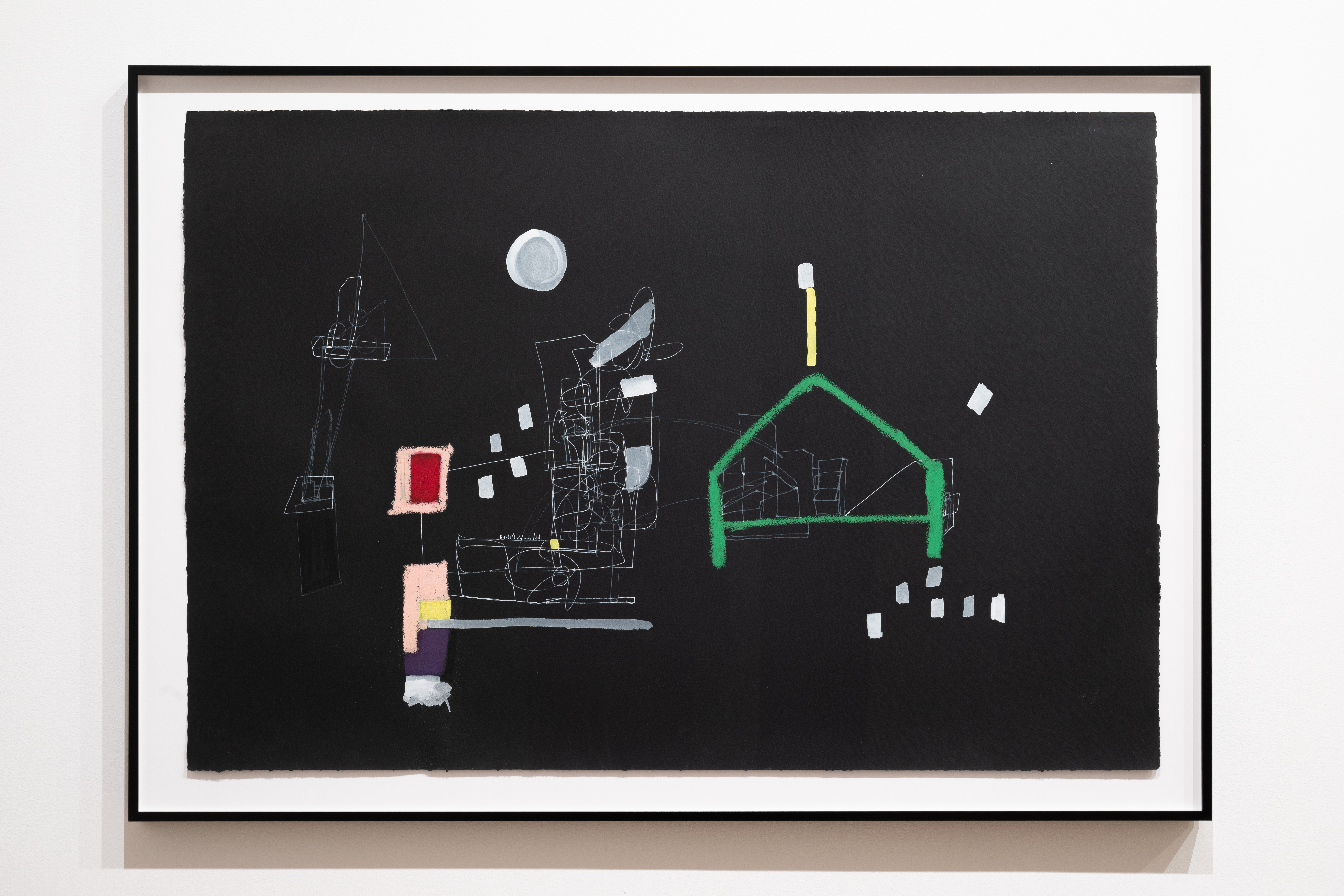 A color image of a drawing consisting of green, purple, yellow, and red lines and shapes that form an abstract composition. Single line white drawings complement the composition.