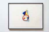 A close-up color image of a framed work displayed against a white wall. The drawing depicts a colorful abstract composition with a brown circle being the main figure from where trianagles and lines emerge. Soft pencil strokes complement the composition.