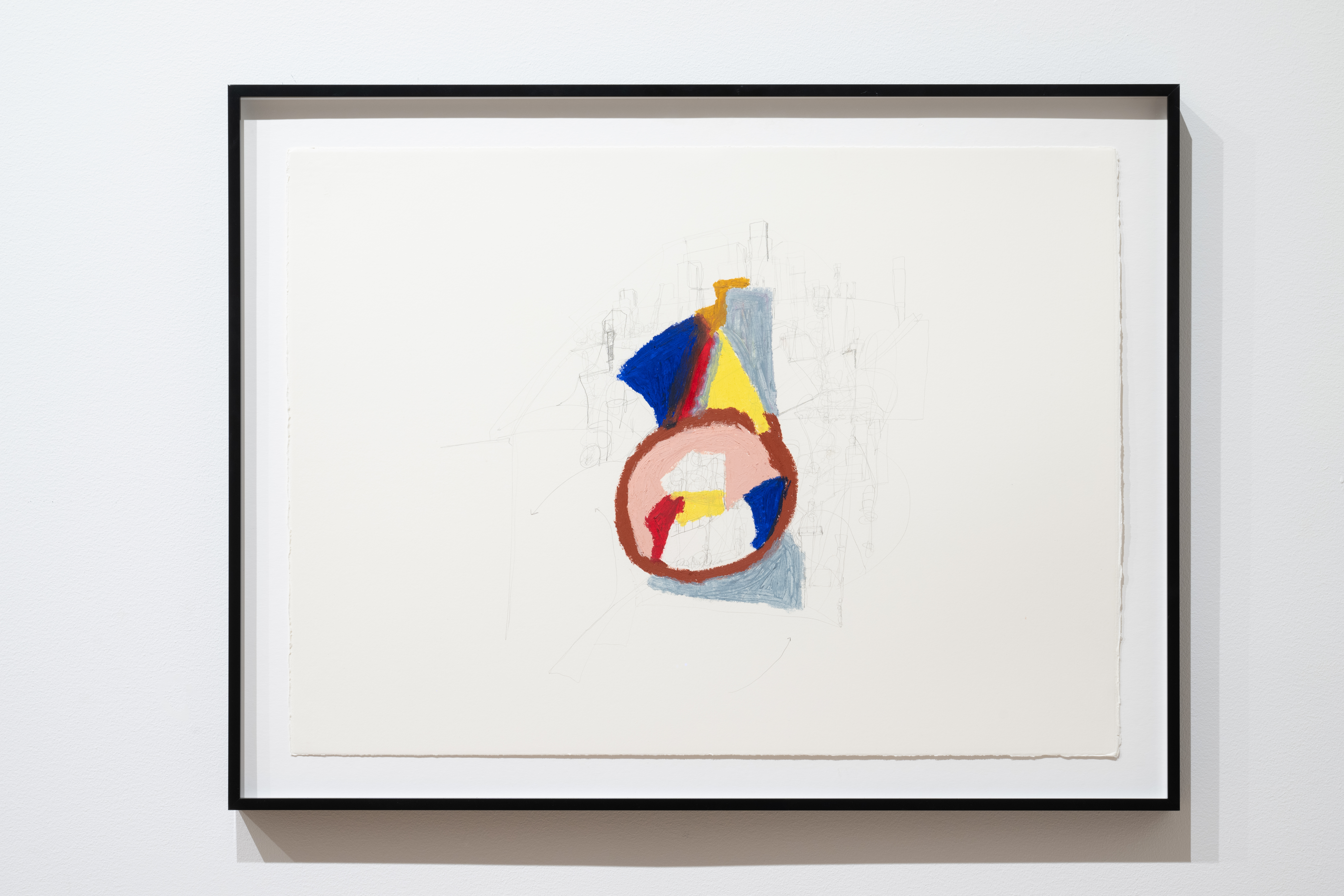 A close-up color image of a framed work displayed against a white wall. The drawing depicts a colorful abstract composition with a brown circle being the main figure from where trianagles and lines emerge. Soft pencil strokes complement the composition.