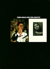A Frida Kahlo painting and portrait of woman against a black background.